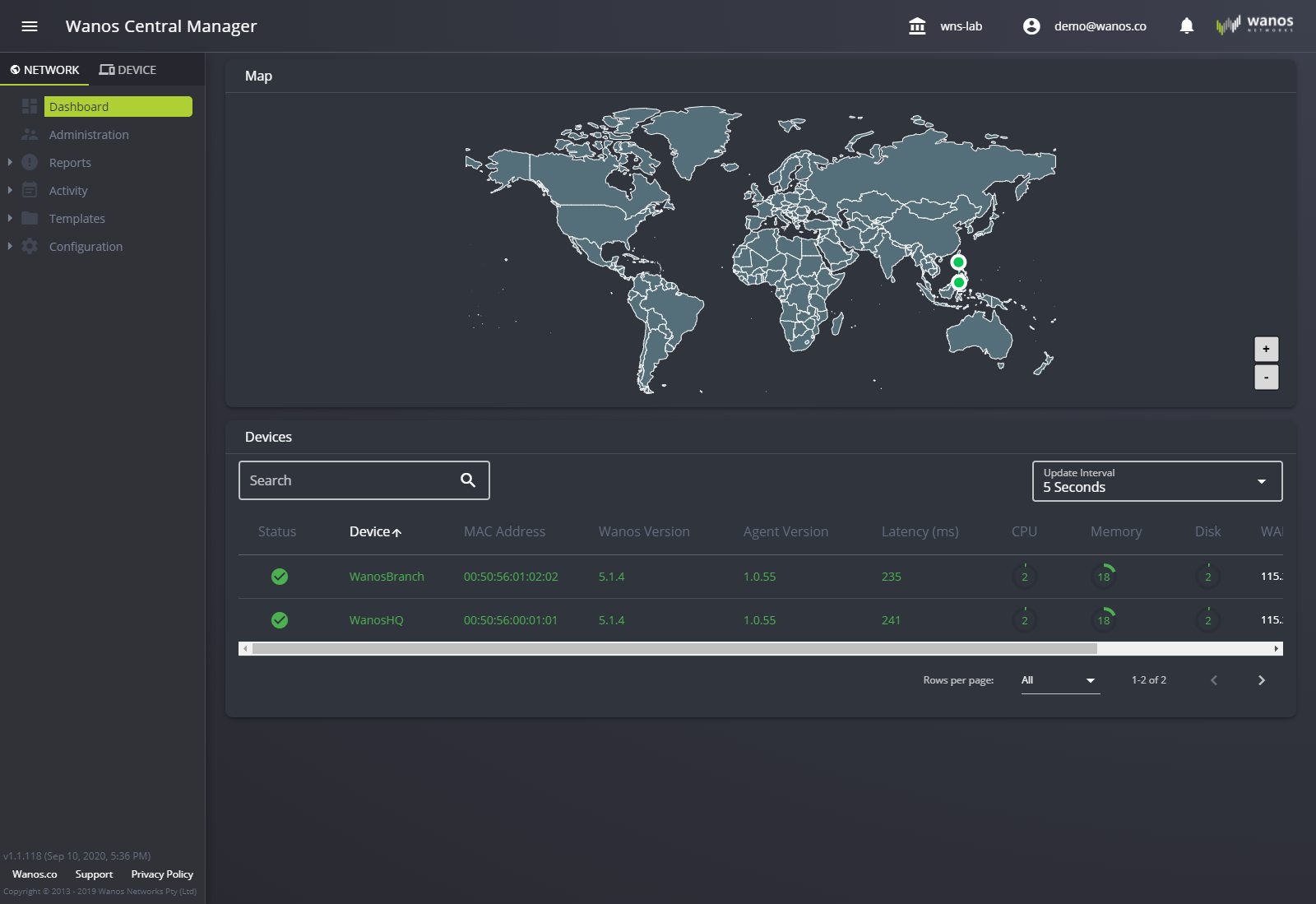 Wanos Central Manager map and device list